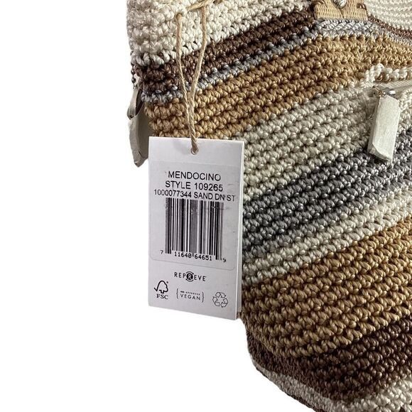 The Sak Tote Small Brown Mendocino Stripe Crochet Double Strap Zip Vegan NEW - Picture 7 of 12
